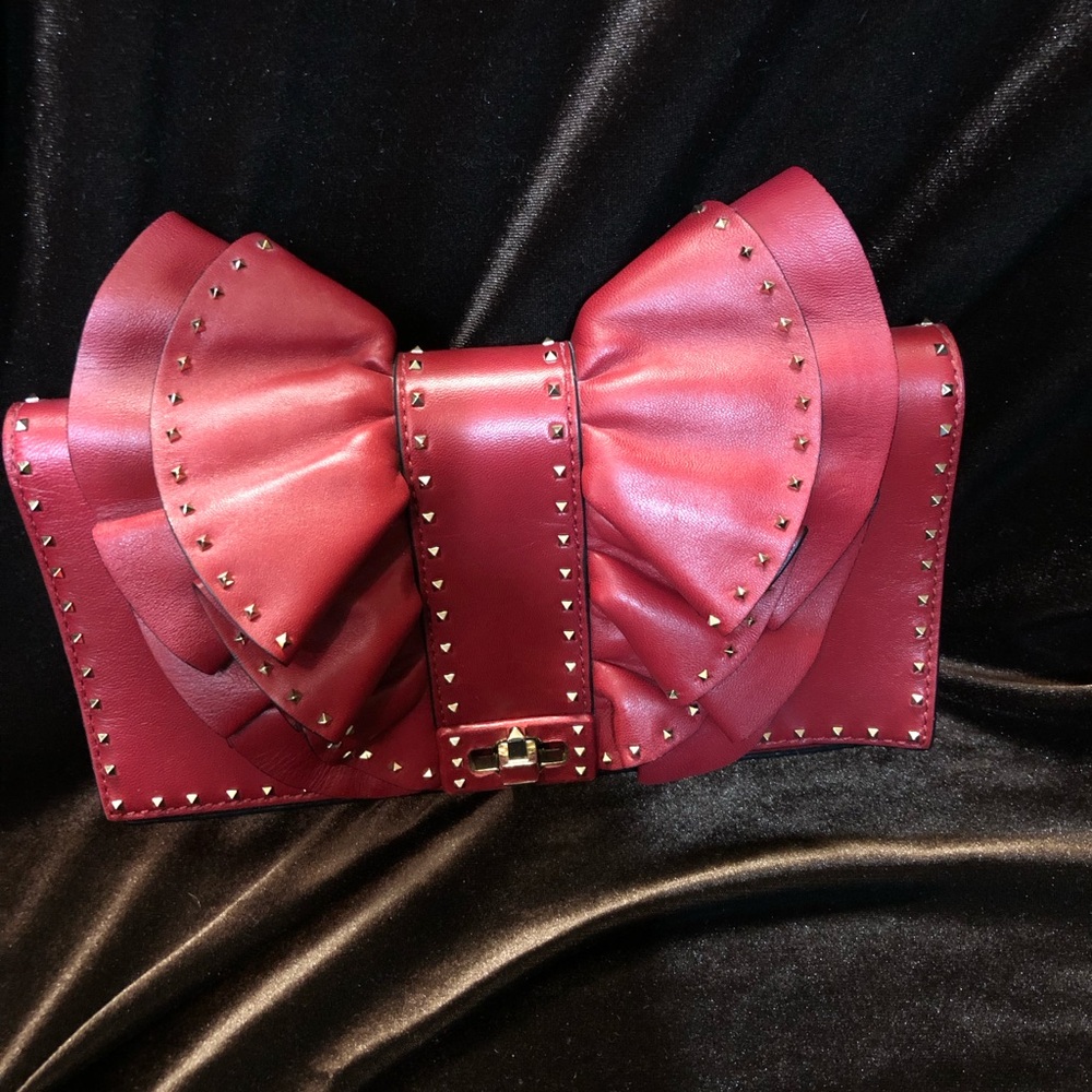 Valentino Bow-Front Studded Clutch - Burgundy